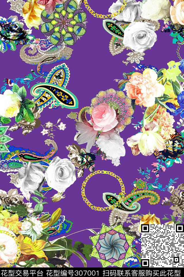 佩斯利涡旋纹油画花卉珠宝数码印花华亿平台下载（图片编号: 307001） - 瓦栏（Walan）