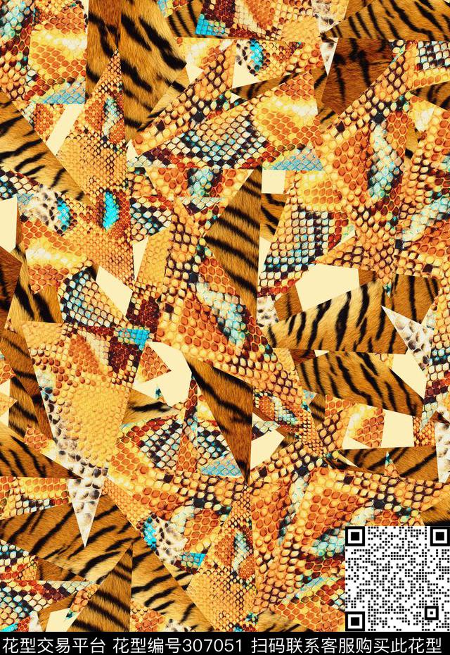 蛇皮纹老虎纹几何图相拼接数码印花华亿平台下载（图片编号: 307051） - 瓦栏（Walan）
