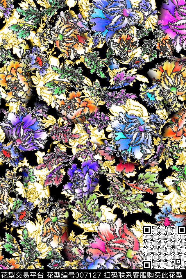 手绘水彩花卉多彩民族风数码印花华亿平台下载（图片编号: 307127） - 瓦栏（Walan）