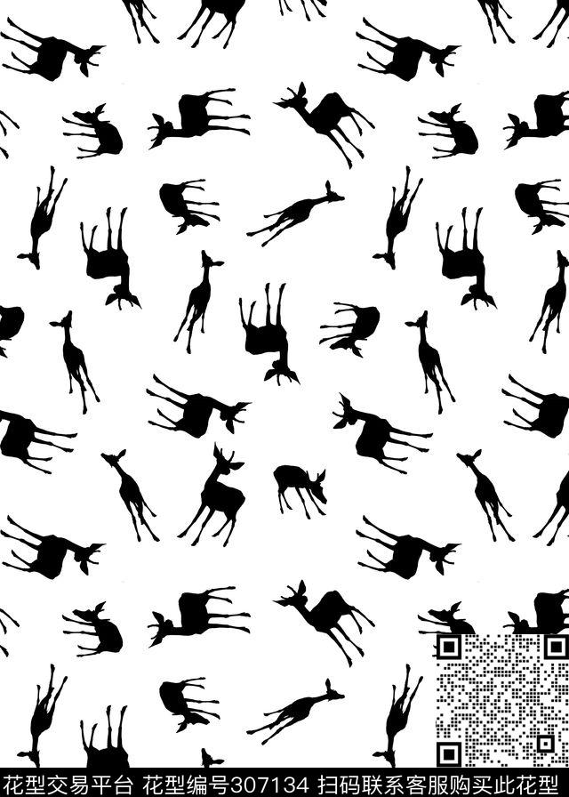 小鹿剪影生动活泼黑白传统印花华亿平台下载（图片编号: 307134） - 瓦栏（Walan）