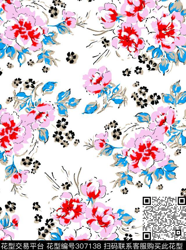 手绘水彩花卉清新唯美传统印花华亿平台下载（图片编号: 307138） - 瓦栏（Walan）