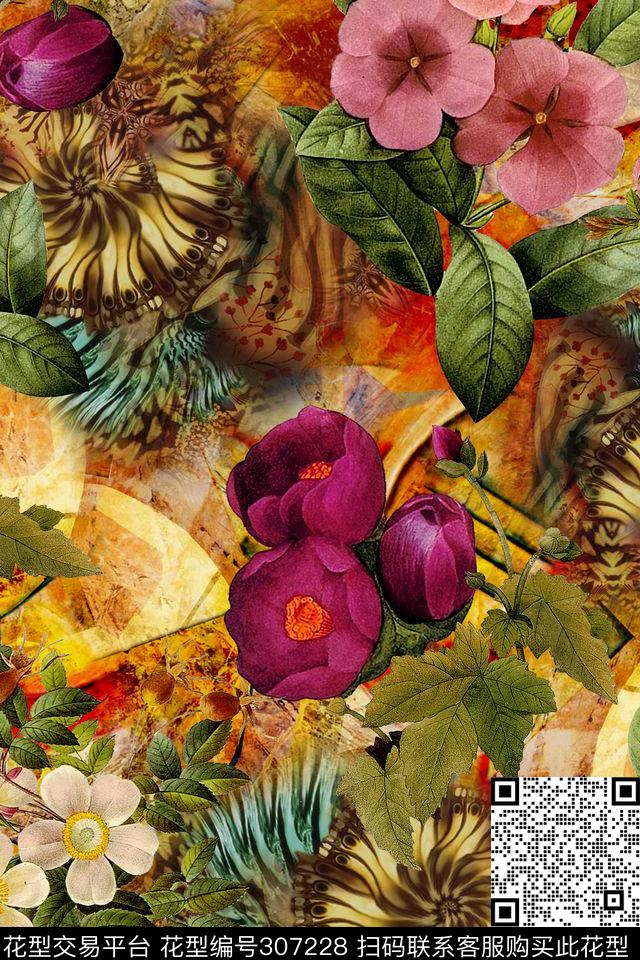 油画花卉复古多彩数码印花华亿平台下载（图片编号: 307228） - 瓦栏（Walan）