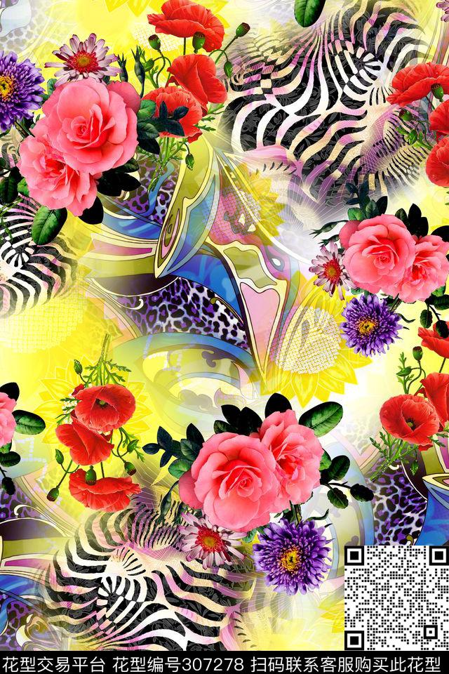 油画花卉斑马纹多彩数码印花华亿平台下载（图片编号: 307278） - 瓦栏（Walan）