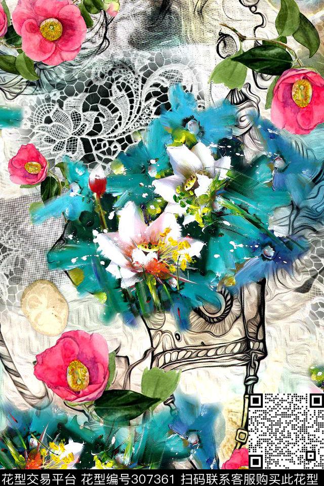 手绘水彩花卉复古蕾丝数码印花华亿平台下载（图片编号: 307361） - 瓦栏（Walan）