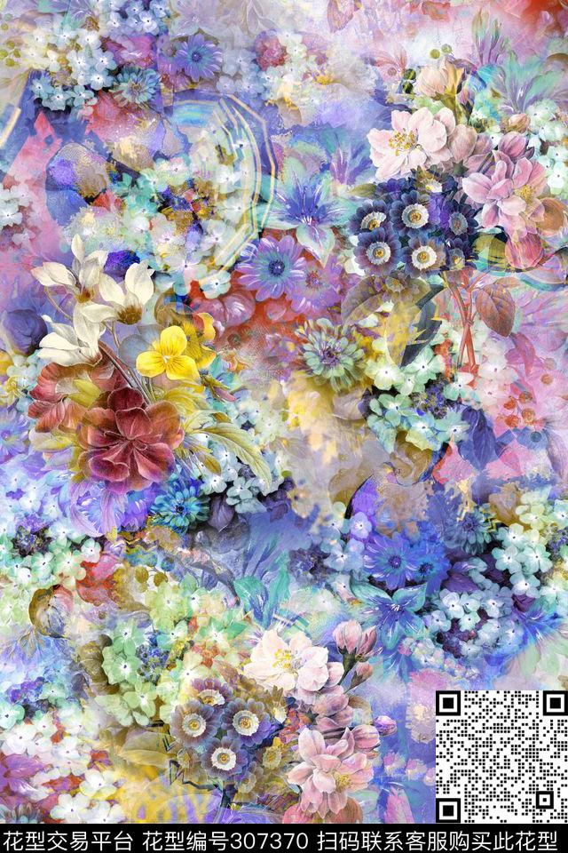 手绘水彩花卉晕染抽象数码印花华亿平台下载（图片编号: 307370） - 瓦栏（Walan）