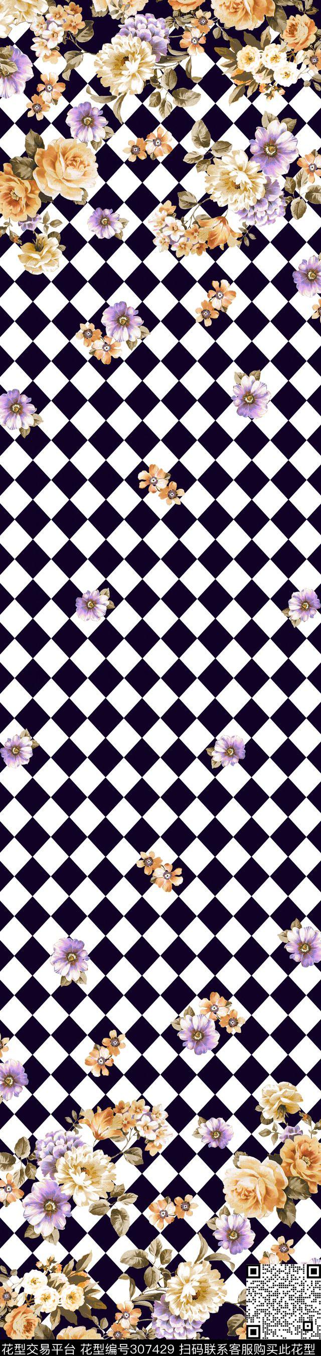 油画花卉几个菱格黑白简约数码印花华亿平台下载（图片编号: 307429） - 瓦栏（Walan）