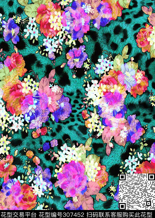 手绘水彩花卉豹纹多彩数码印花华亿平台下载（图片编号: 307452） - 瓦栏（Walan）