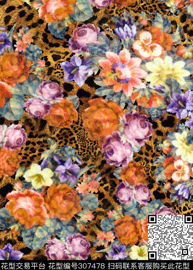 油画花卉豹纹多彩数码印花华亿平台下载（图片编号: 307478） - 瓦栏（Walan）