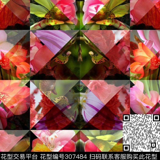 几何菱格立体效果摄影写实花卉数码印花华亿平台下载（图片编号: 307484） - 瓦栏（Walan）