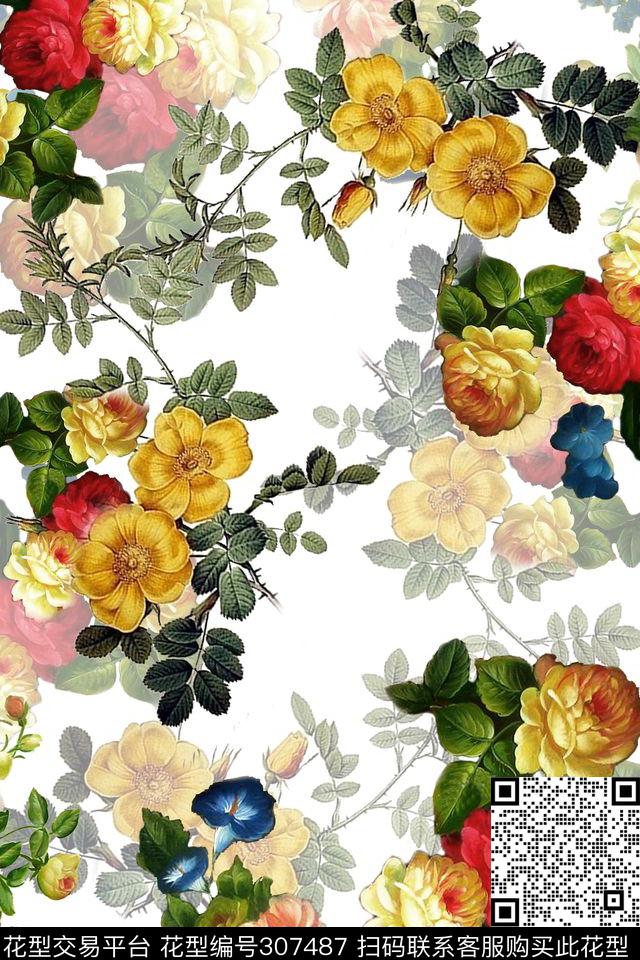 油画花卉多彩艺术剪影数码印花华亿平台下载（图片编号: 307487） - 瓦栏（Walan）