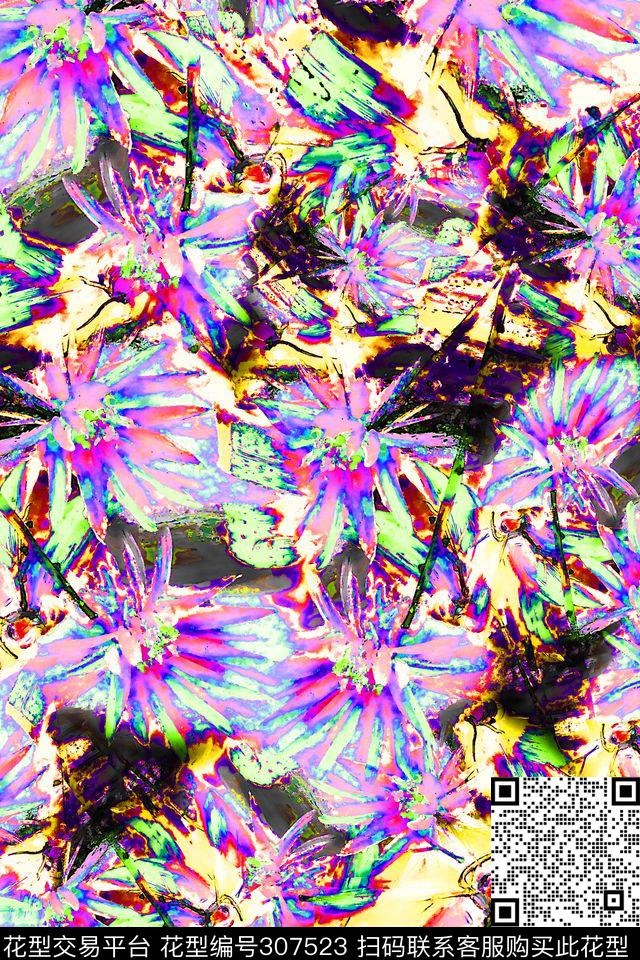 手绘水彩花卉唯美抽象数码印花华亿平台下载（图片编号: 307523） - 瓦栏（Walan）