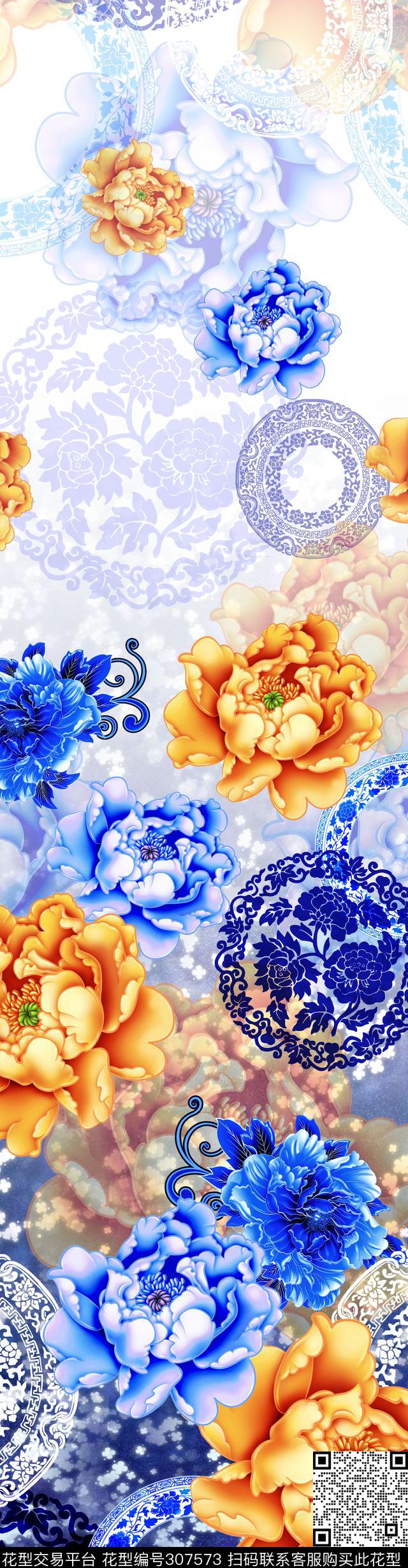 花卉中国风青花瓷数码印花华亿平台下载（图片编号: 307573） - 瓦栏（Walan）