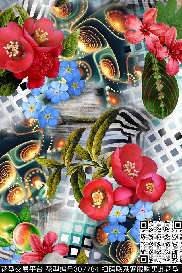 油画花卉几何格纹多彩数码印花华亿平台下载（图片编号: 307784） - 瓦栏（Walan）