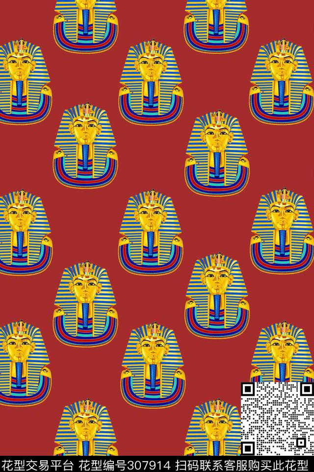 复古人像埃及法老传统印花华亿平台下载（图片编号: 307914） - 瓦栏（Walan）