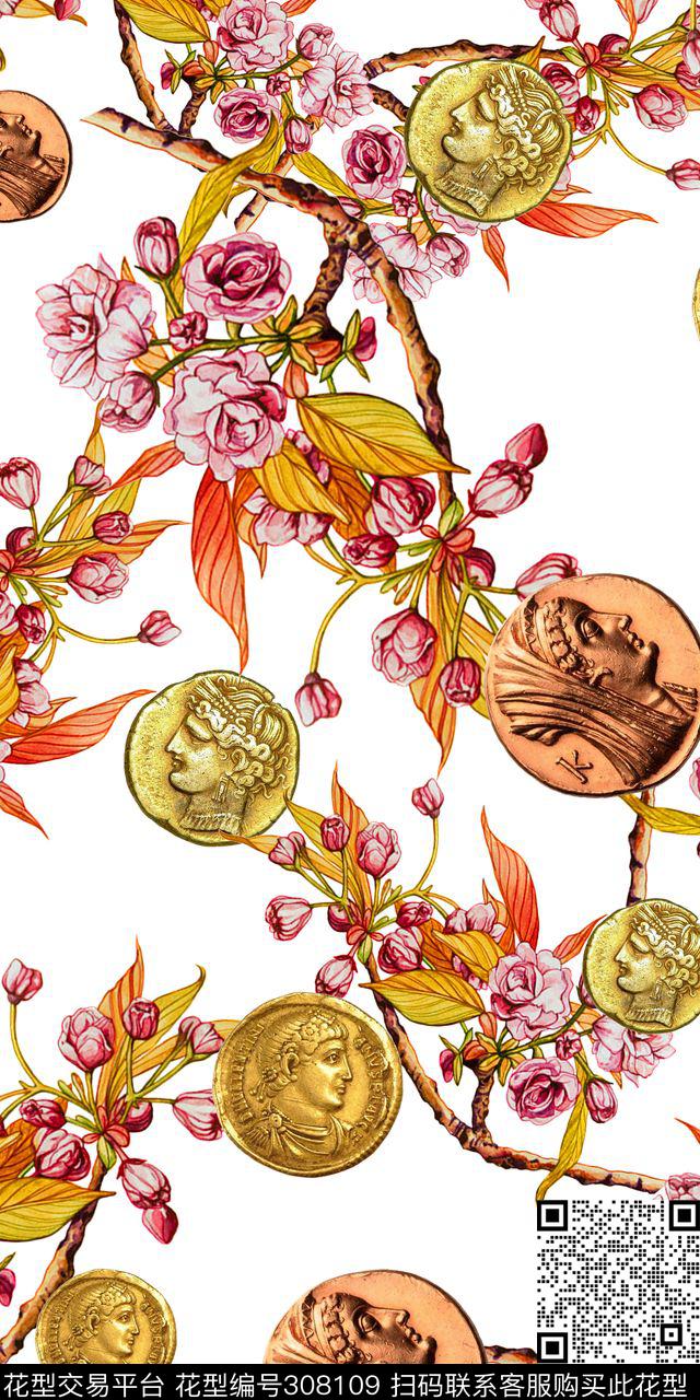 油画花卉欧式碎花钱币数码印花华亿平台下载（图片编号: 308109） - 瓦栏（Walan）