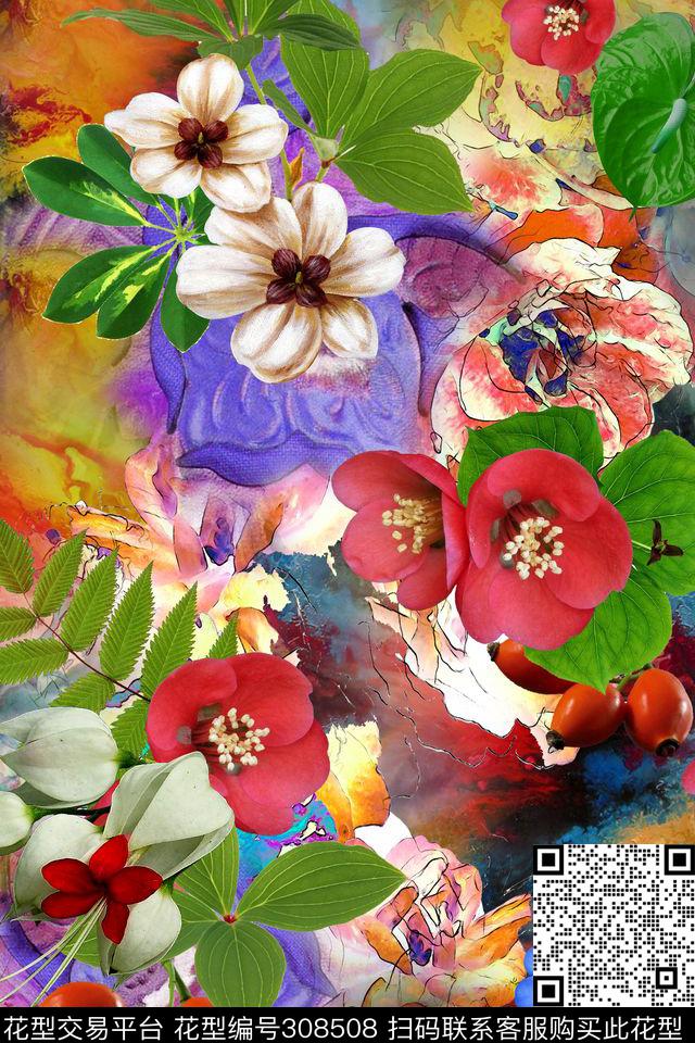 花朵叶子肌理数码印花华亿平台下载（图片编号: 308508） - 瓦栏（Walan）