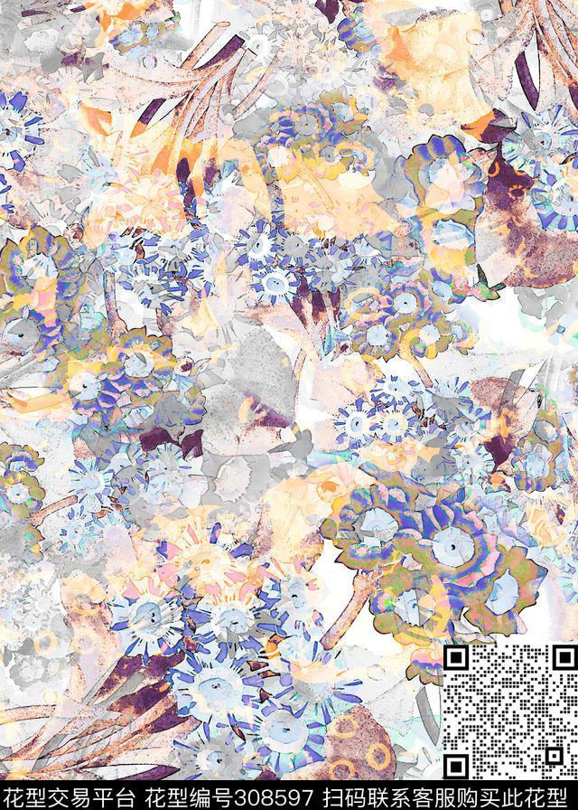 花卉水彩花卉组合数码印花华亿平台下载（图片编号: 308597） - 瓦栏（Walan）