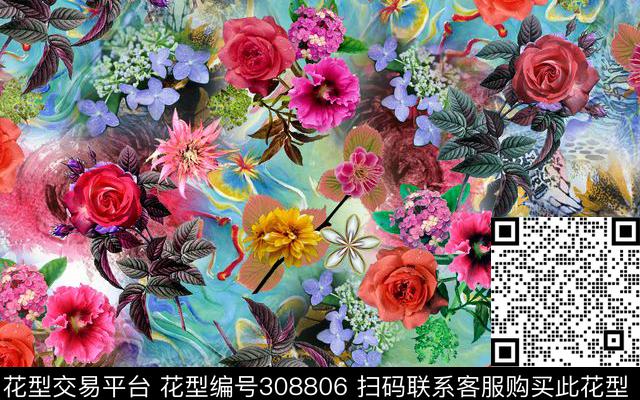 花卉叶数码印花华亿平台下载（图片编号: 308806） - 瓦栏（Walan）