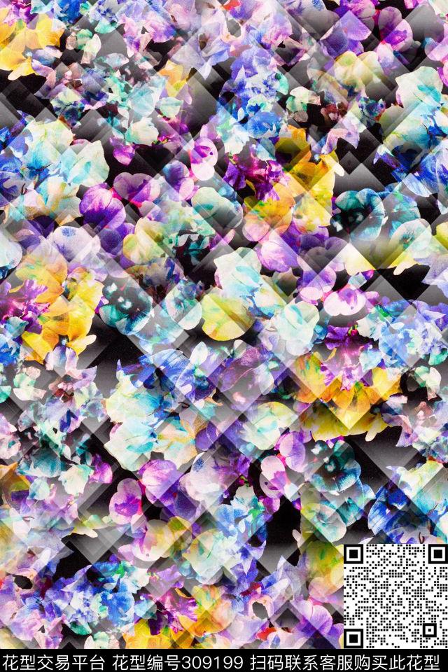 抽象花卉格子几何数码印花华亿平台下载（图片编号: 309199） - 瓦栏（Walan）