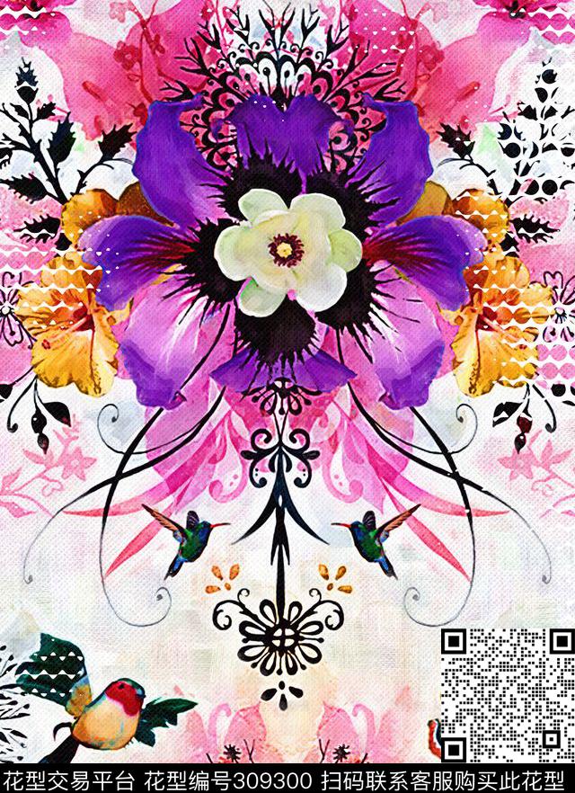 E-花卉几何/Flowers数码印花华亿平台下载（图片编号: 309300） - 瓦栏（Walan）