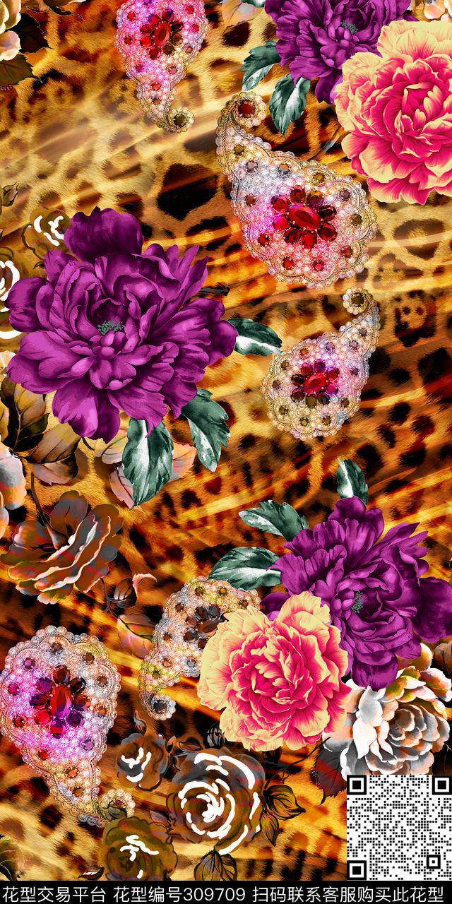 花卉珠宝豹纹数码印花华亿平台下载（图片编号: 309709） - 瓦栏（Walan）