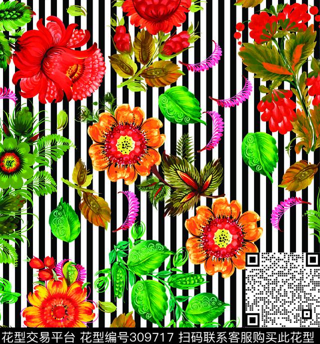 条纹花卉数码印花华亿平台下载（图片编号: 309717） - 瓦栏（Walan）