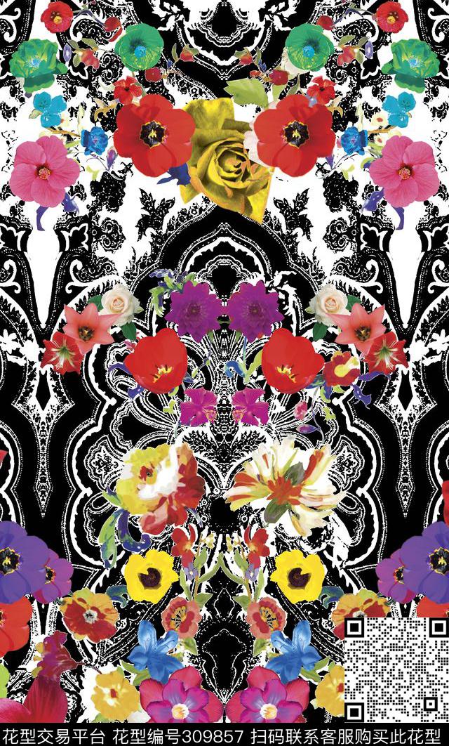 几何花卉数码印花华亿平台下载（图片编号: 309857） - 瓦栏（Walan）