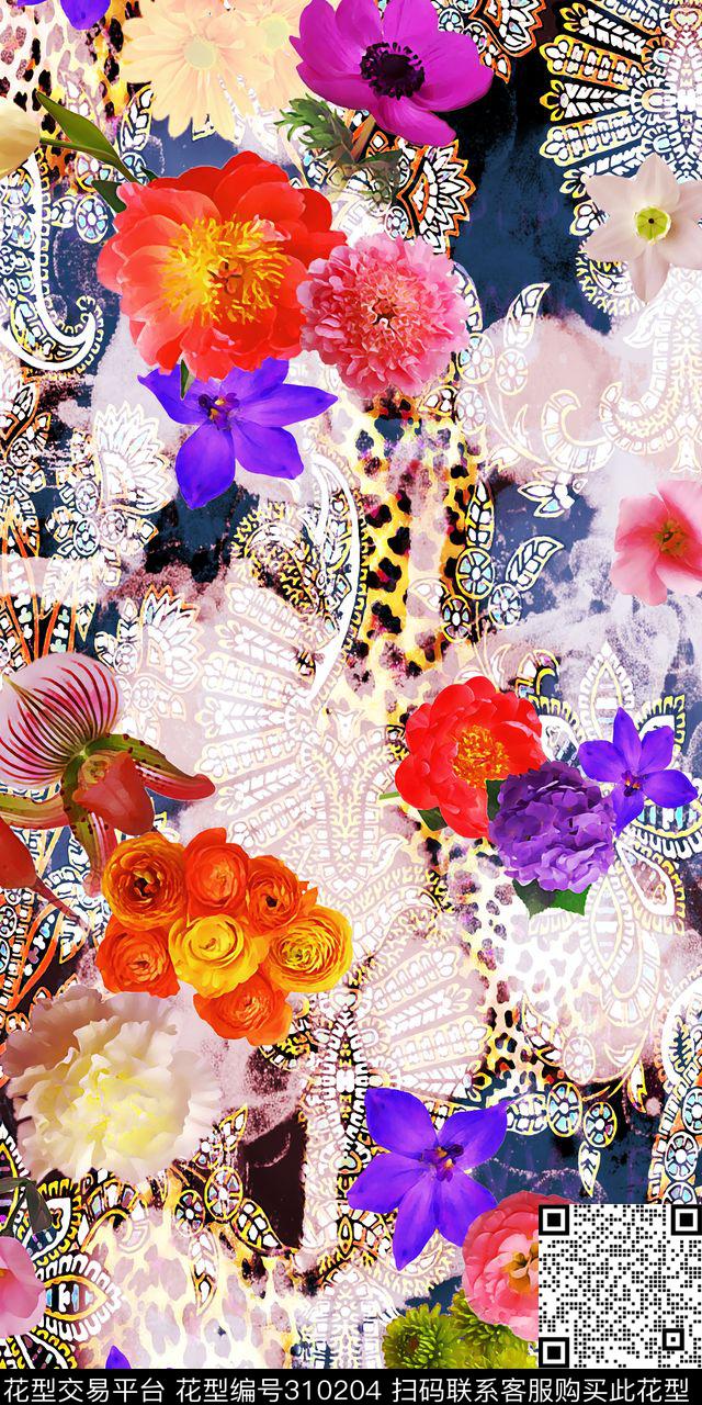 定位花卉组合数码印花华亿平台下载（图片编号: 310204） - 瓦栏（Walan）