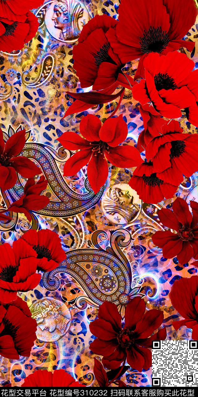 罂粟花佩斯利豹纹数码印花华亿平台下载（图片编号: 310232） - 瓦栏（Walan）