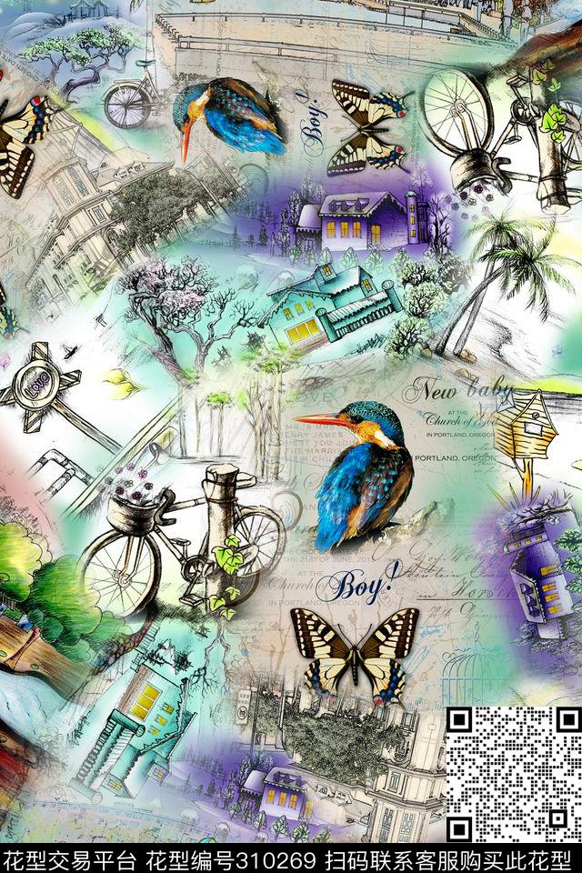 欧式复古复古书籍鸟蝴蝶休闲数码印花华亿平台下载（图片编号: 310269） - 瓦栏（Walan）