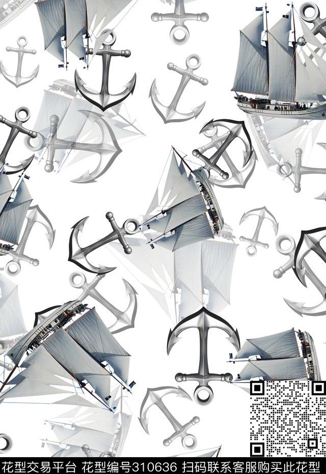 船帆船锚休闲数码印花华亿平台下载（图片编号: 310636） - 瓦栏（Walan）