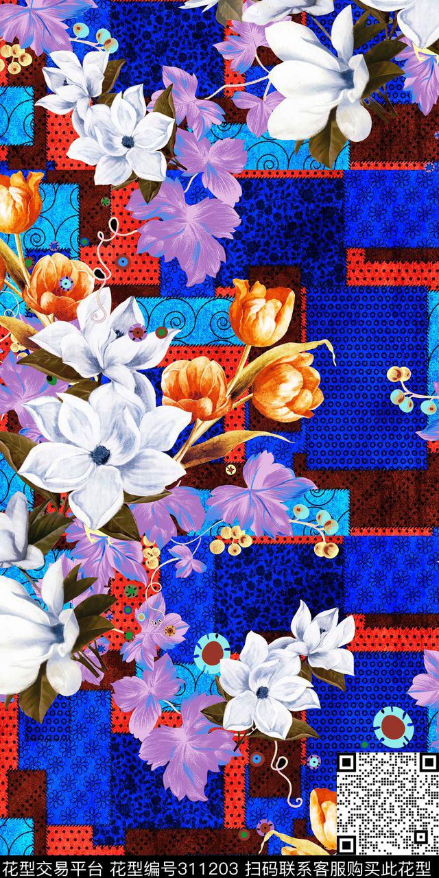 花卉色块拼接油画风格数码印花华亿平台下载（图片编号: 311203） - 瓦栏（Walan）