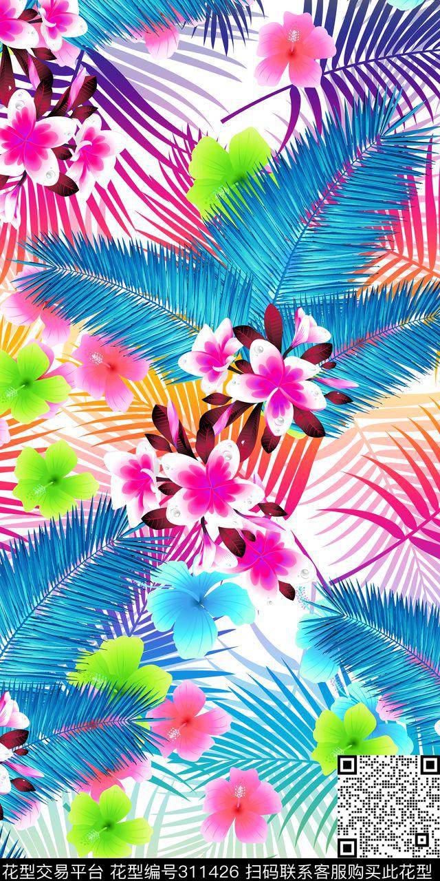 花卉热带华亿平台棕榈树数码印花华亿平台下载（图片编号: 311426） - 瓦栏（Walan）