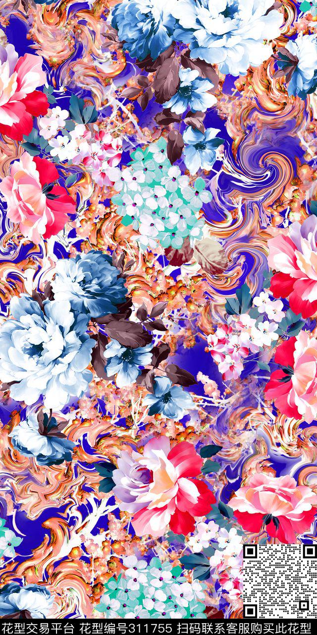 油画风格花卉女装数码印花华亿平台下载（图片编号: 311755） - 瓦栏（Walan）
