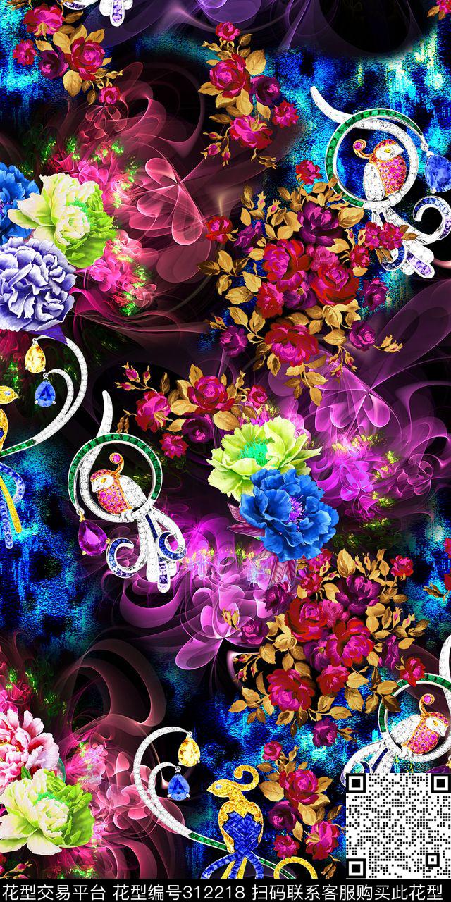 珠宝宝石小鸟数码印花华亿平台下载（图片编号: 312218） - 瓦栏（Walan）