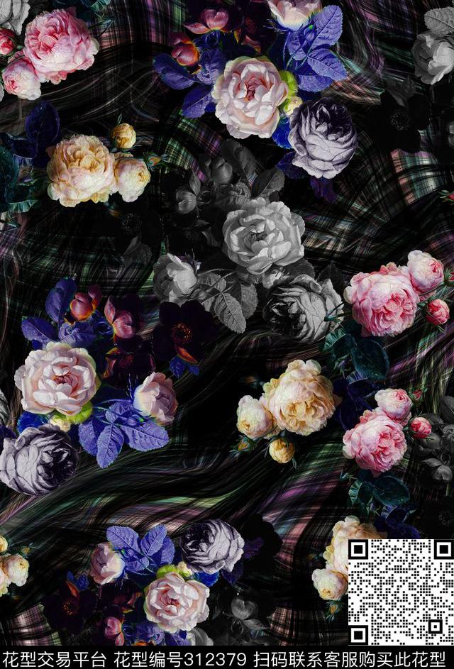 黑底花卉油画花卉潘神花卉类数码印花华亿平台下载（图片编号: 312379） - 瓦栏（Walan）