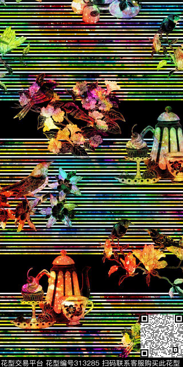条纹花鸟剪影数码印花华亿平台下载（图片编号: 313285） - 瓦栏（Walan）
