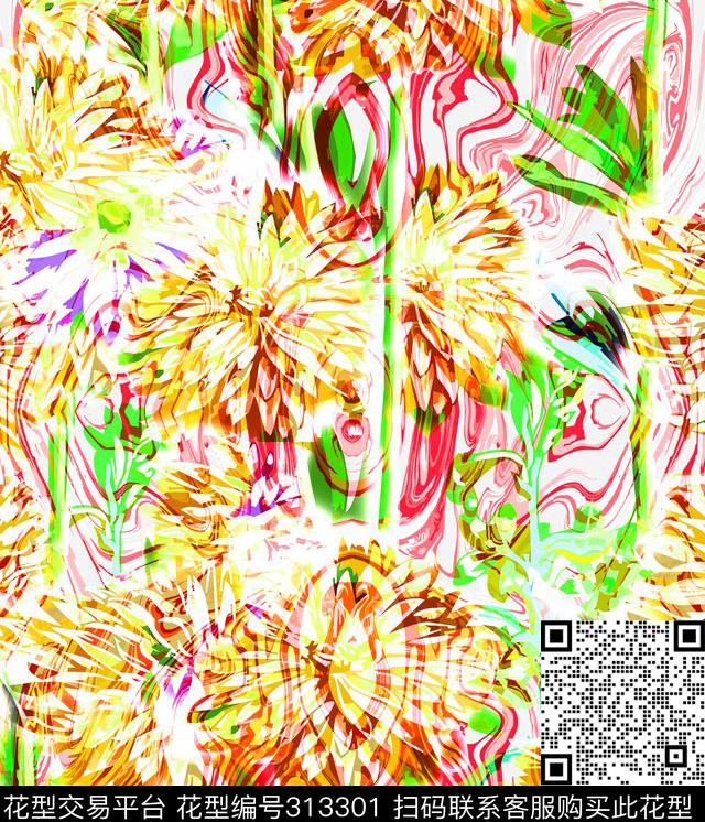 抽象水彩花卉花卉色块数码印花华亿平台下载（图片编号: 313301） - 瓦栏（Walan）