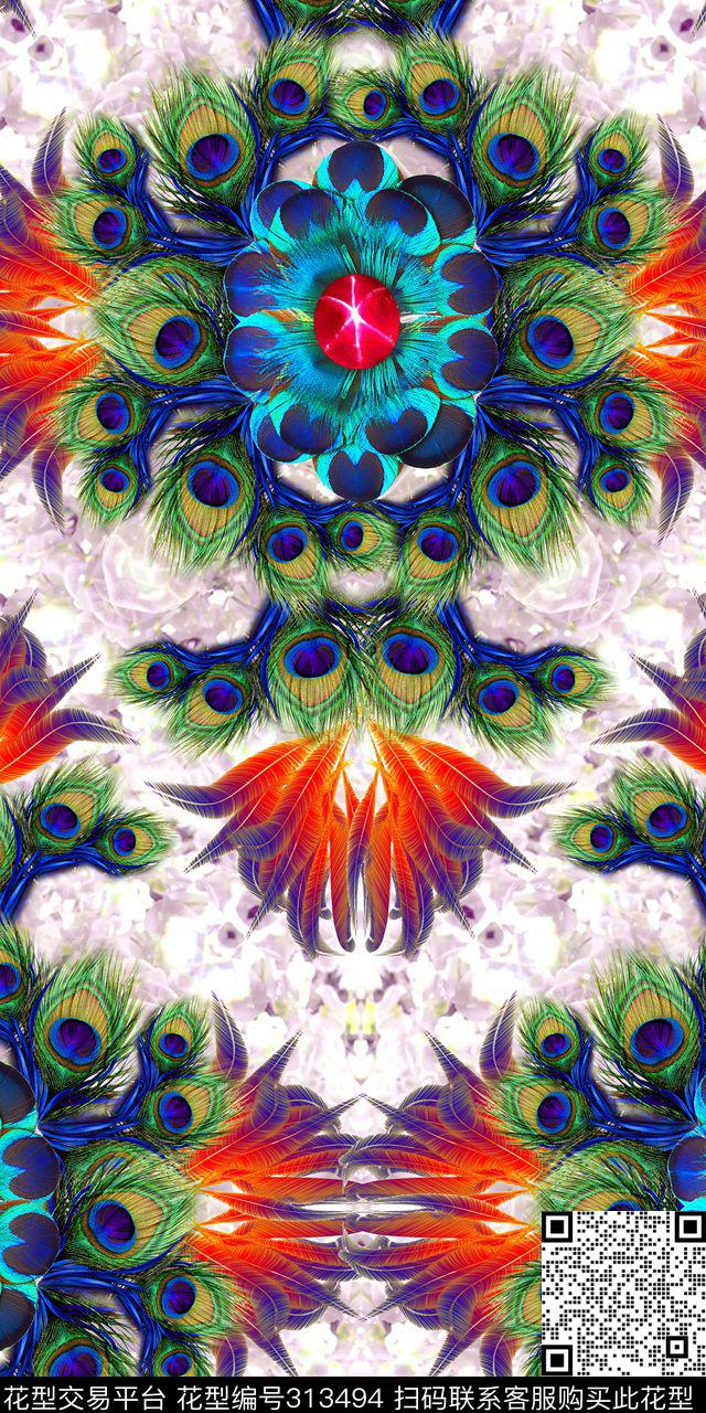 动物纹孔雀羽毛珠宝宝石数码印花华亿平台下载（图片编号: 313494） - 瓦栏（Walan）