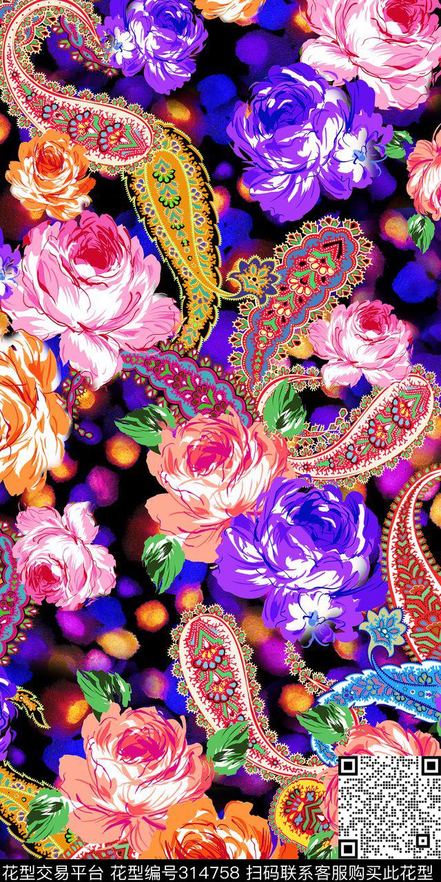 佩斯利腰果民族风水彩花卉数码印花华亿平台下载（图片编号: 314758） - 瓦栏（Walan）