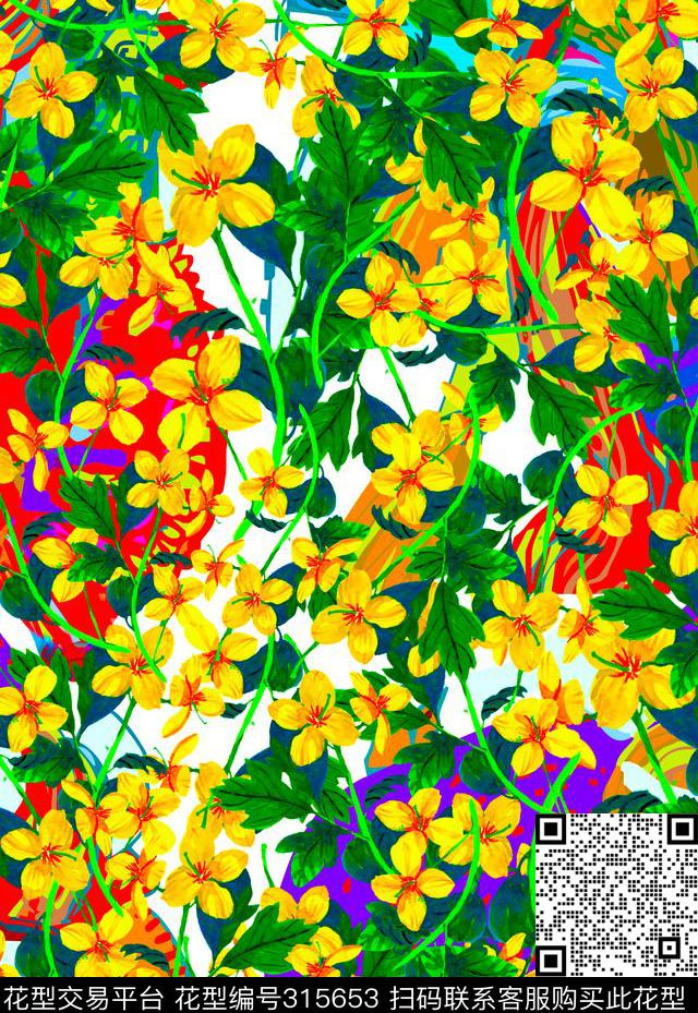 自然花卉叶子数码印花华亿平台下载（图片编号: 315653） - 瓦栏（Walan）