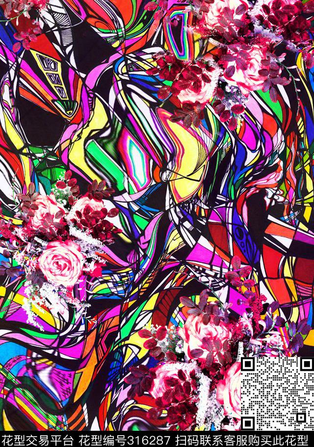 E-花卉几何/Flowers数码印花华亿平台下载（图片编号: 316287） - 瓦栏（Walan）
