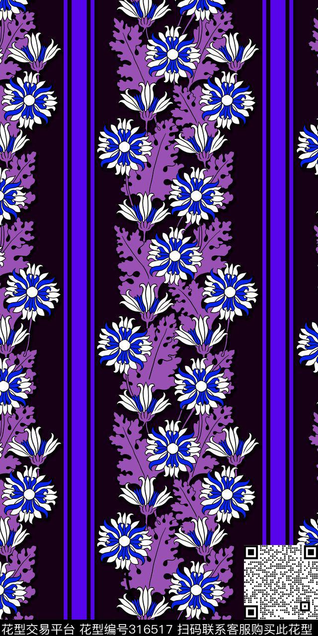 条纹手绘线条花卉传统印花华亿平台下载（图片编号: 316517） - 瓦栏（Walan）