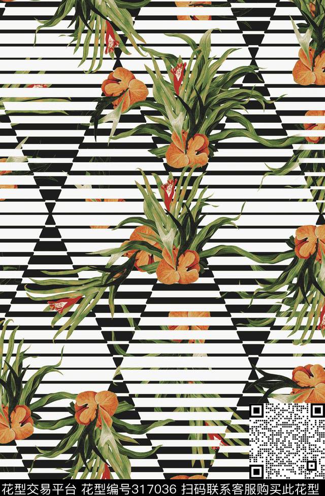 几何花卉条纹数码印花华亿平台下载（图片编号: 317036） - 瓦栏（Walan）