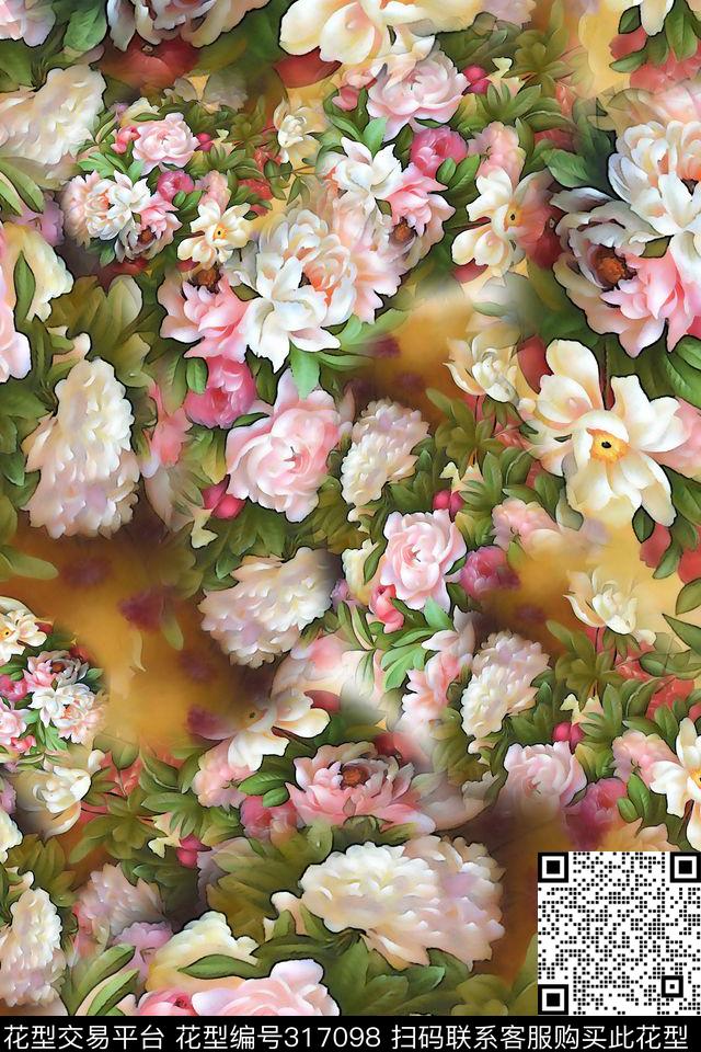花卉类组合油画花女装数码印花华亿平台下载（图片编号: 317098） - 瓦栏（Walan）
