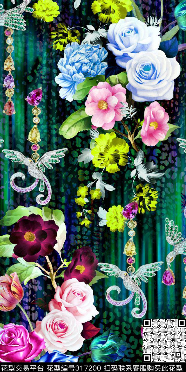 珠宝小鸟豹纹数码印花华亿平台下载（图片编号: 317200） - 瓦栏（Walan）