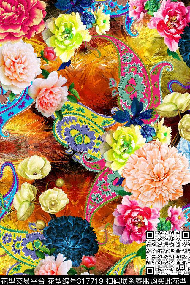 佩斯利油画底纹花卉数码印花华亿平台下载（图片编号: 317719） - 瓦栏（Walan）