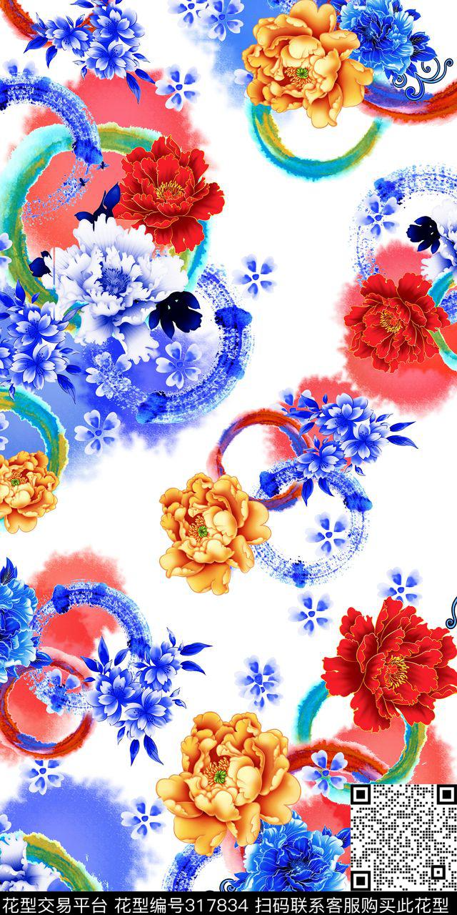 中国风牡丹水墨淡彩数码印花华亿平台下载（图片编号: 317834） - 瓦栏（Walan）