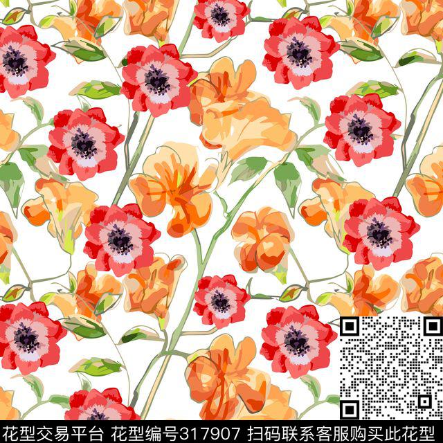 水彩风格花卉手绘水彩传统印花华亿平台下载（图片编号: 317907） - 瓦栏（Walan）