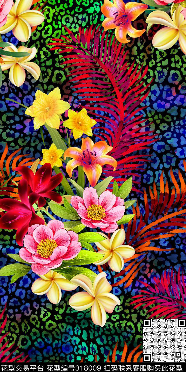 花卉棕榈叶豹纹数码印花华亿平台下载（图片编号: 318009） - 瓦栏（Walan）